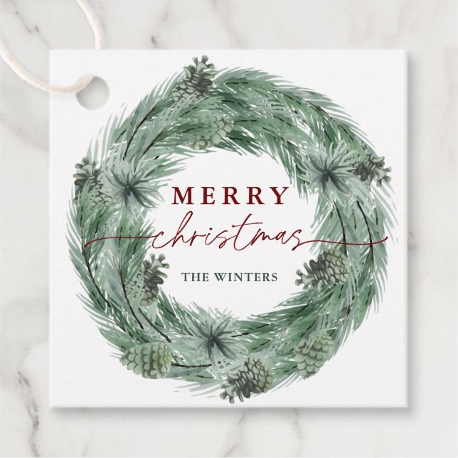 Pine Tree Wreath Frohe Weihnachten Grün & Rot Geschenkanhänger (Vorderseite)