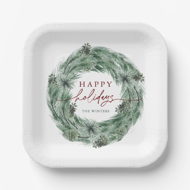 Pine Tree Wreath Happy Holidays Green & Red Pappteller (Vorderseite)