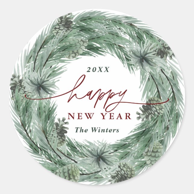 Pine Tree Wreath Happy New Year Runder Aufkleber (Vorderseite)