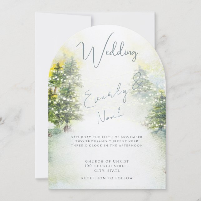 Pine Trees Blue Green Watercolor Wedding Einladung (Vorderseite)