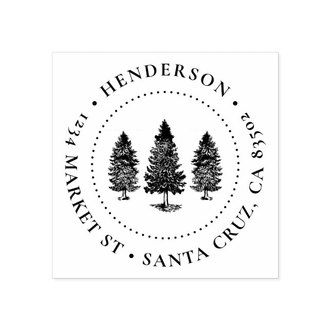 Pine Trees | Familienname Runde Rücksendeadresse Gummistempel (Prägung)