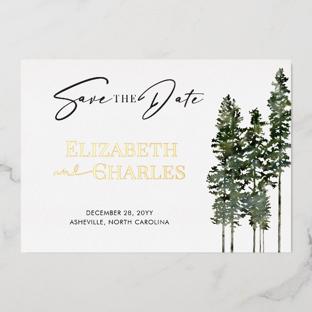Pine Trees Minimalistisch Elegante Save the Date Folieneinladung (Vorderseite)
