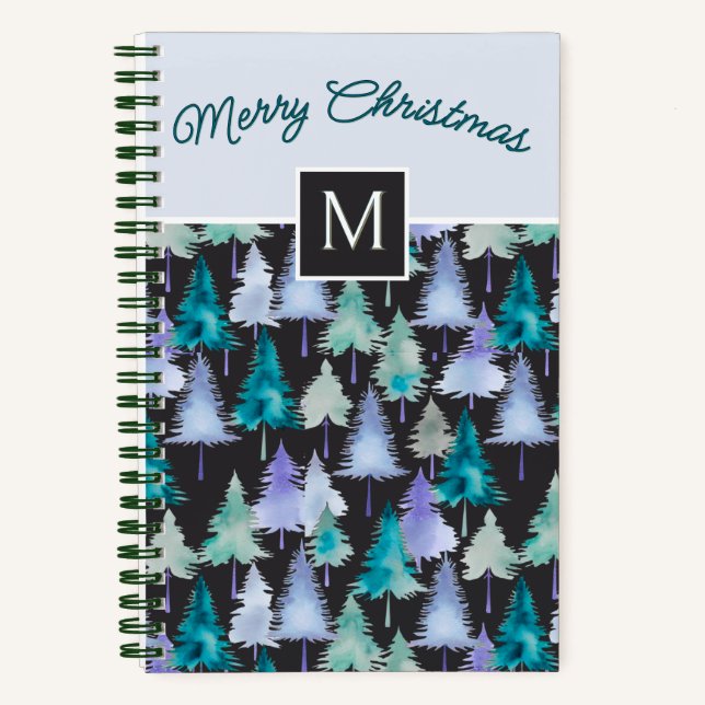 Pine Trees Pattern Festival Blue & Green Weihnacht Notizbuch (Vorderseite)