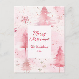 Pine Trees Pink Christmas Postcard Feiertagspostkarte