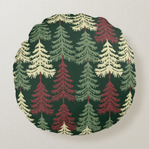 Pine Trees Red Green Rundes Kissen