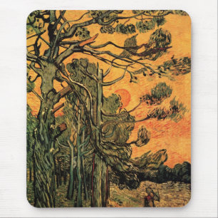 Pine Trees Red Sky Setting Sun by Vincent van Gogh Mousepad