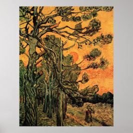 Pine Trees Red Sky Setting Sun by Vincent van Gogh Poster
