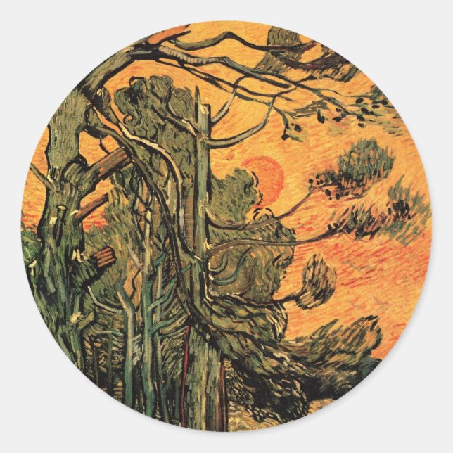 Pine Trees Red Sky Setting Sun by Vincent van Gogh Runder Aufkleber (Vorderseite)