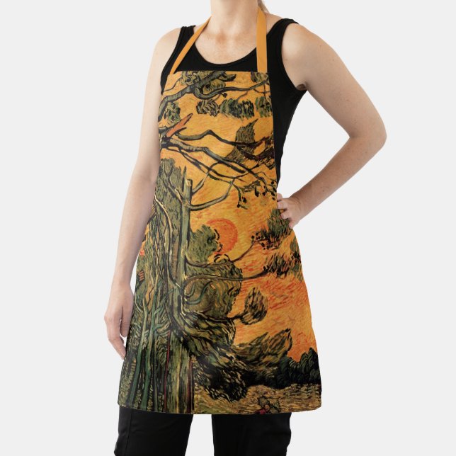 Pine Trees Red Sky Setting Sun by Vincent van Gogh Schürze (InSitu)