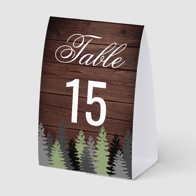 Pine Trees Rustic Wood Winter Wedding Table Number Tischaufsteller (Vorderseite)