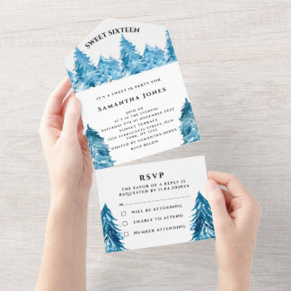 Pine Trees Sweet 16 Hübsch Blue Girly All In One Einladung