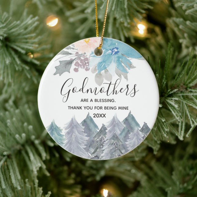 Pine Trees Winter Godmothers Blue Keramik Ornament (Baum)