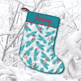 Pine Twigs and Red Berries Christmas Pattern Kleiner Weihnachtsstrumpf