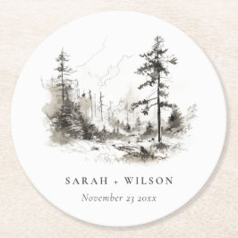 Pine Woods Mountain Landschaftsbild Hochzeit Runder Pappuntersetzer