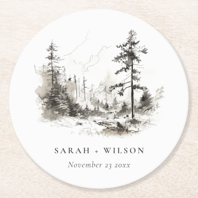 Pine Woods Mountain Landschaftsbild Hochzeit Runder Pappuntersetzer (Vorderseite)