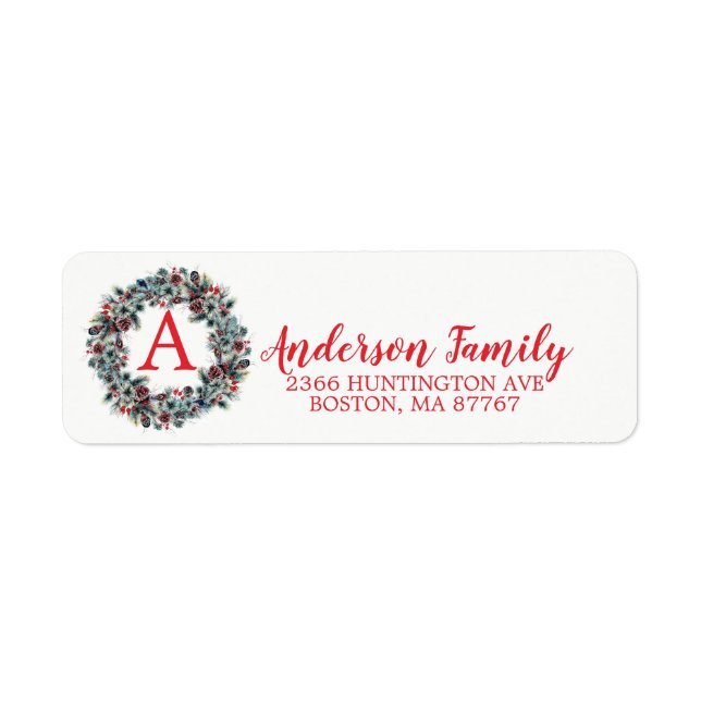 Pine Wreath Christmas Monogram Address Label (Vorne)