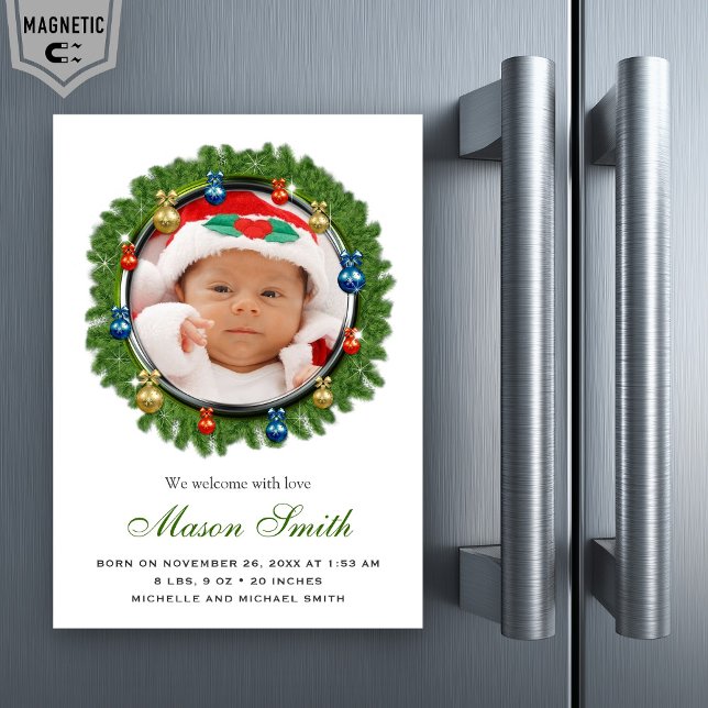 Pine Wreath Foto Weihnachten Geburtserklärung Magnetkarte (Von Creator hochgeladen)
