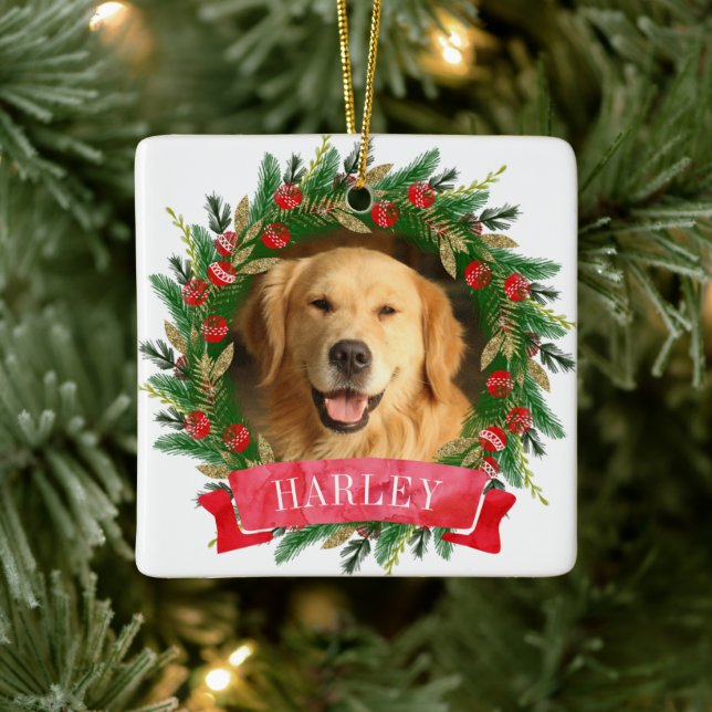 Pine Wreath Hund Foto Keramikornament (Baum)