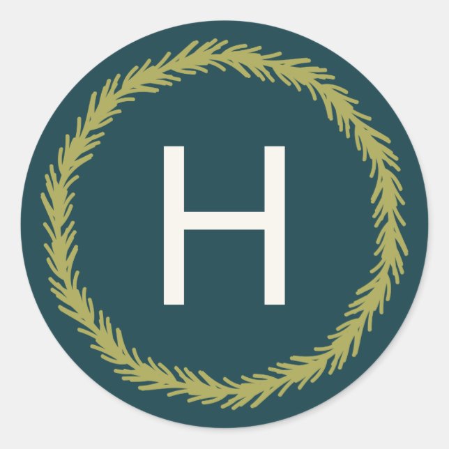 Pine Wreath Monogramm Runder Aufkleber (Vorderseite)
