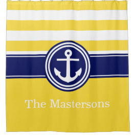 Pineapp Yellow Navy Blue Nautical Stripe Anchor CB Duschvorhang