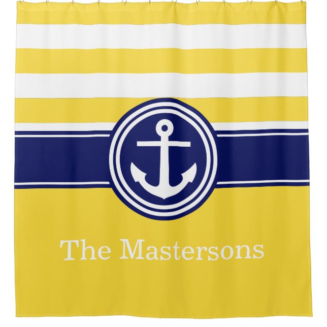Pineapp Yellow Navy Blue Nautical Stripe Anchor CB Duschvorhang (Vorderseite)