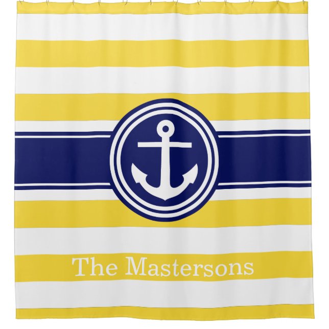 Pineapp Yellow Wt Navy Blue Nautical Stripe Anchor Duschvorhang (Vorderseite)
