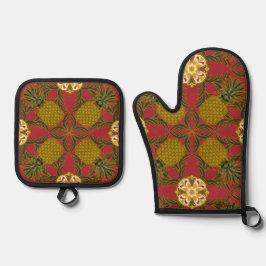 Pineapple Design on Red Background Ofenhandschuh & Topflappen-Set