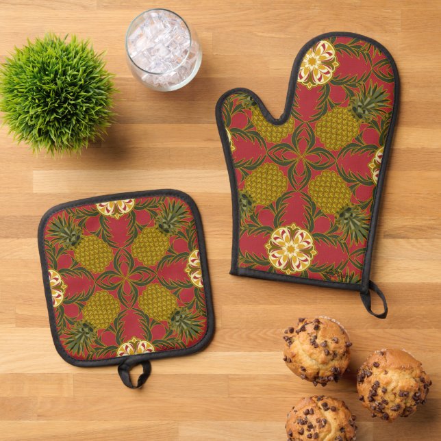 Pineapple Design on Red Background Ofenhandschuh & Topflappen-Set (Oben Unten)