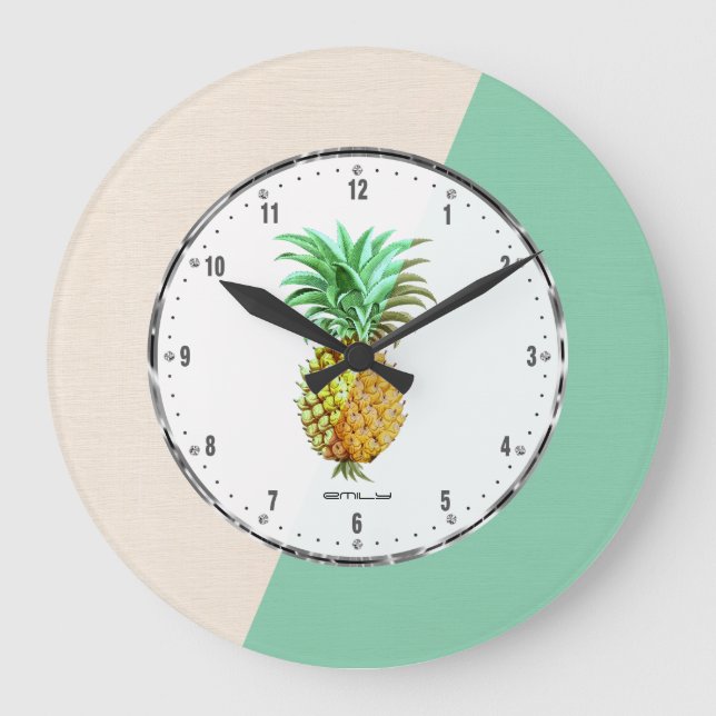 PineApple & Geometric Beige & Green Linen Große Wanduhr (Vorderseite)