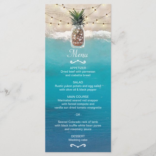 Pineapple Mason Jar Tropical Beach Wedding Menu (Devant)