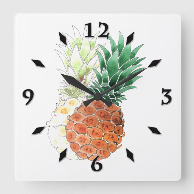Pineapple, watercolor . large clock quadratische wanduhr (Vorderseite)