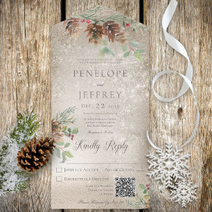 Pinecone & Berries Moderner Gold QR Code All In One Einladung