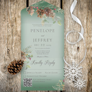 Pinecone & Berries Moderner grüner QR-Code All In One Einladung