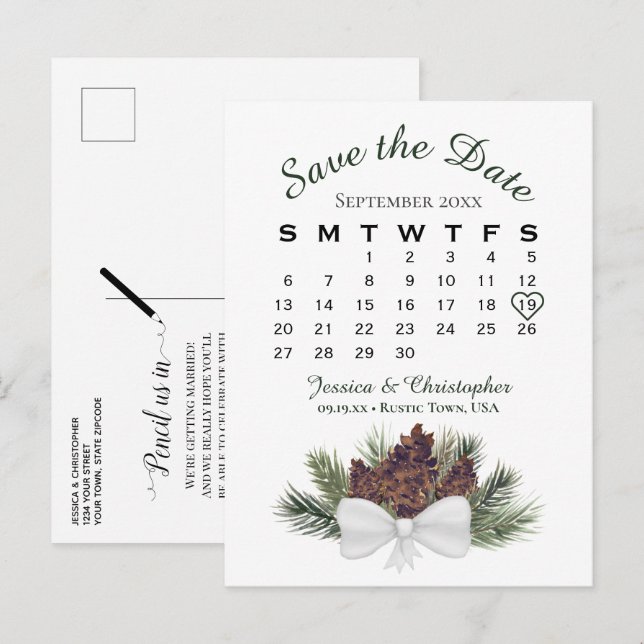 Pinecone Bouquet Wedding Calendar Save the Date Ankündigungspostkarte (Vorne/Hinten)