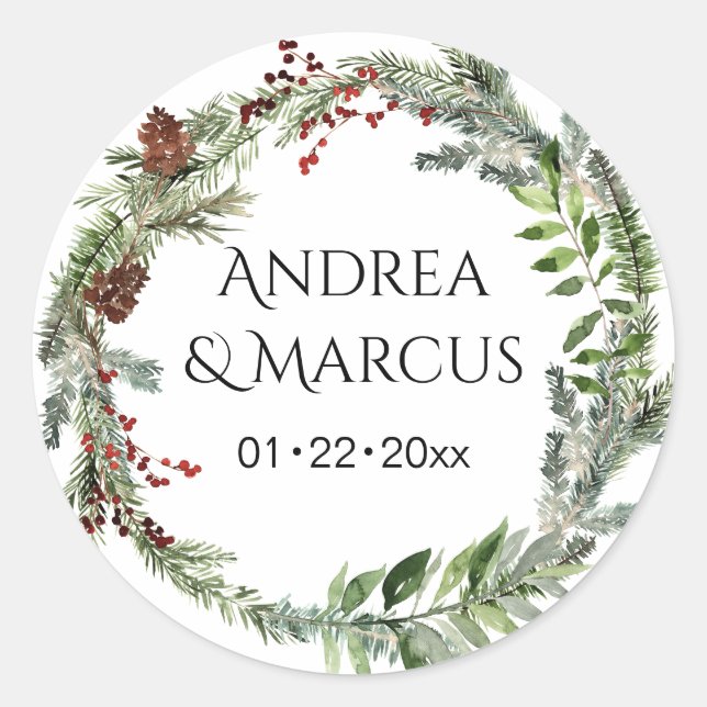 Pinecone Greenery Wedding Wreath Runder Aufkleber (Vorderseite)