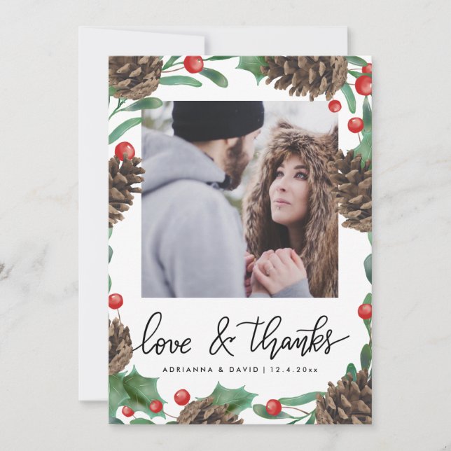 Pinecone Liebe & Dank Weihnachten Hochzeit Foto Dankeskarte (Vorderseite)