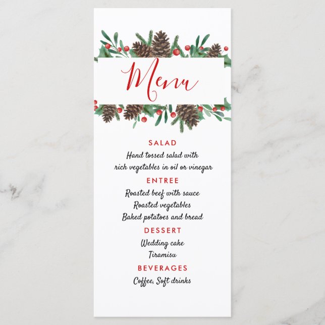 Pinecone Red Berry Weihnachten Modernes Hochzeitsm Menükarte (Vorderseite)