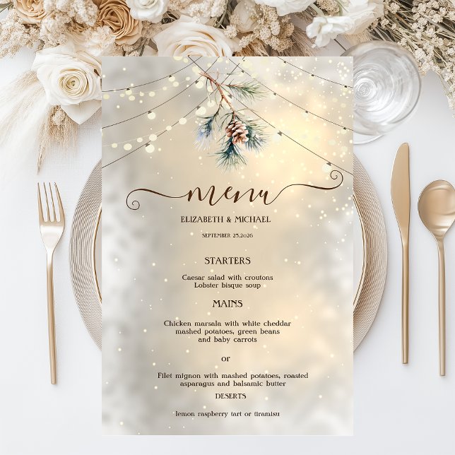 Pinecone String Lights Winter  Wedding Menu Card (Von Creator hochgeladen)