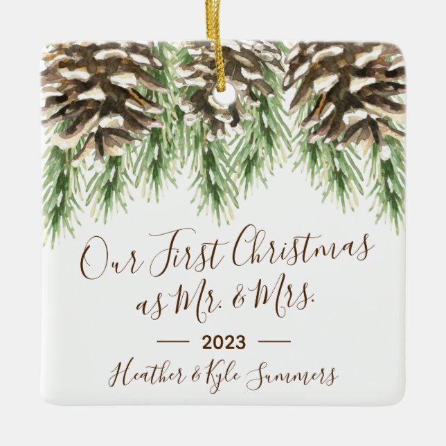 Pinecone Unsere ersten Weihnachten als Herr. & Mrs Keramikornament (Vorderseite)