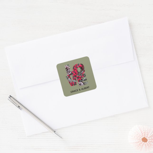 Pinecones Evergreens Red Berries Square Sticker (Umschlag)