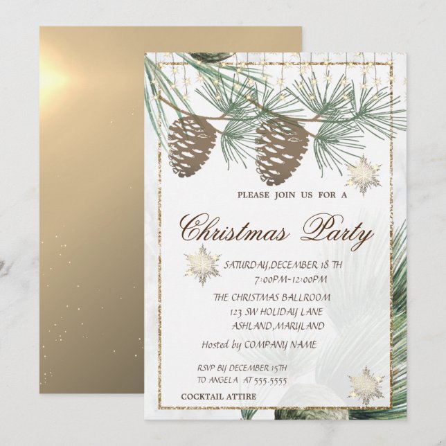 Pinecones ,Schneeflocken Gold Weihnachten Korporie Einladung (Vorne/Hinten)