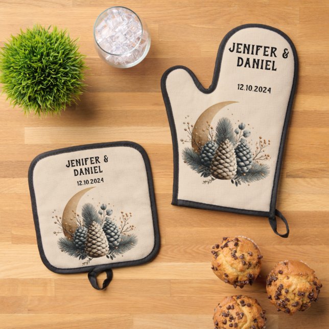 Pinecones und Crescent Moon Winter Liebe Ofenhandschuh & Topflappen-Set (Oben Unten)