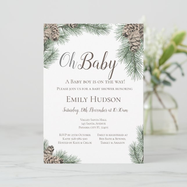 Pinecones Winter Bridal, Babydusche Einladung (Stehend Vorderseite)