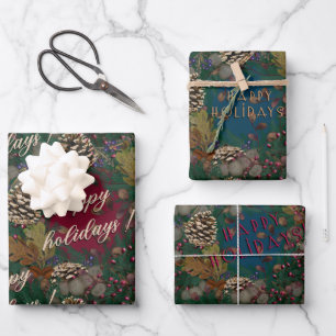 Pinecones Wreaths Happy Holidays Geschenkpapier Set