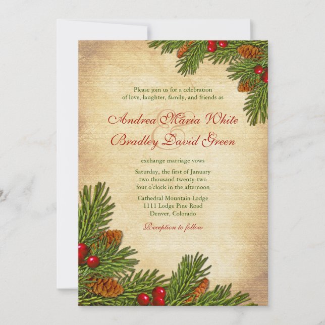 Pines Boughs Vacances Hiver Mariage Invitation (Devant)