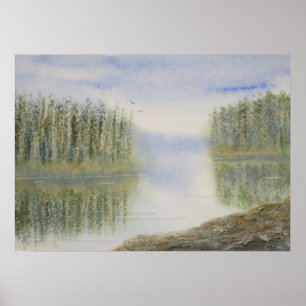 Pines Lake Watercolor Landschaft Poster