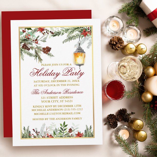 Pines Poinsettia Holiday Party Gold Einladung (Customize to change text size, text style or to change color of back of card.)