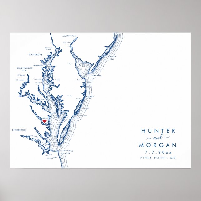 Piney Point MD Wedding Modern Map Guestbook Poster (Vorne)