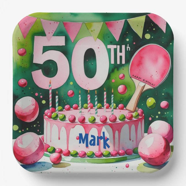 Ping Pong 50. Geburtstag mit Kuchen Pappteller (Vorderseite)