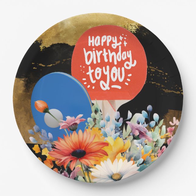 Ping Pong Geburtstag mit Paddel und Blume Pappteller (Vorderseite)